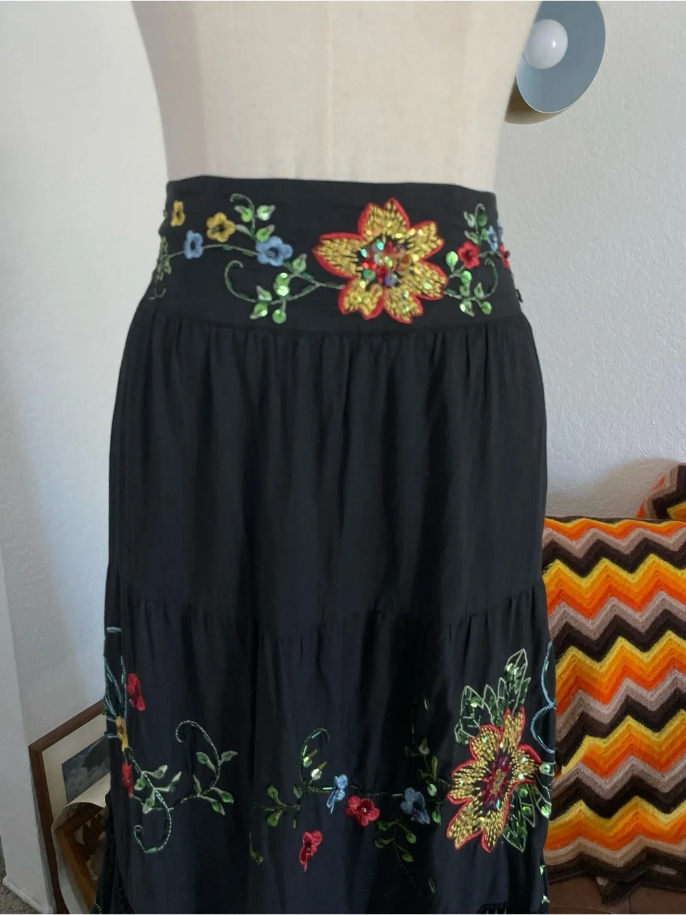 Bizz Boho Witchy Peasant Floral Embroidered Sequined Skirt